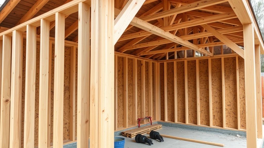 Close-up of shed framing construction showing pressure-treated lumber walls, corner bracing, and roof truss installation in progress with safety equipment visible on ground