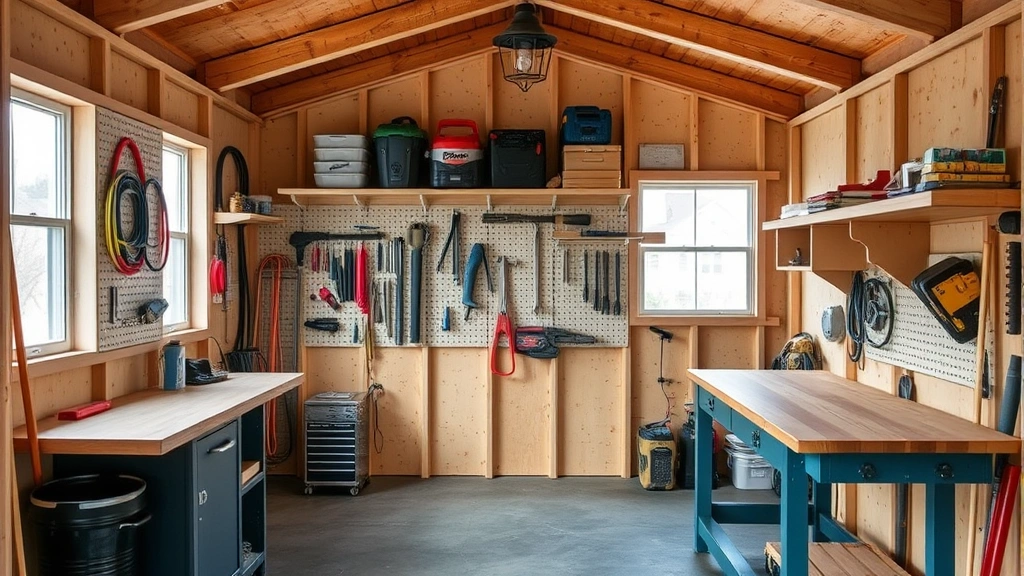 Interior workshop shed with organized wall-mounted storage, pegboards with tools, shelving units, workbench, and natural light from windows, concrete flooring, ready for use