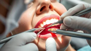 Close-up of a dentist performing a gentle tooth extraction procedure, showing proper surgical technique with dental instruments and patient comfort measures, professional dental operatory setting with bright lighting
