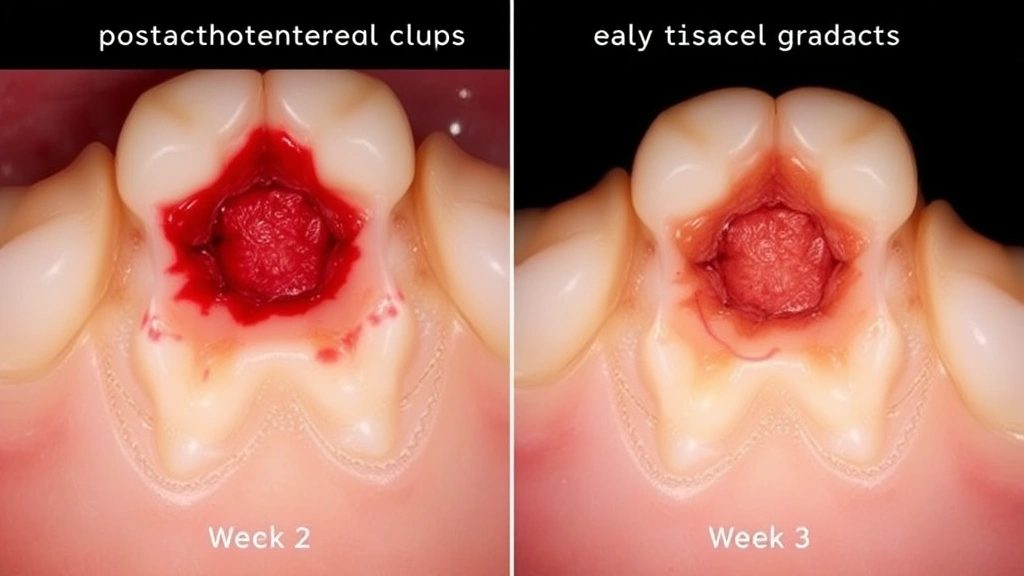 Detailed view of post-extraction socket healing stages, showing blood clot formation and early tissue granulation in the first week, clinical dental photography demonstrating normal healing progression