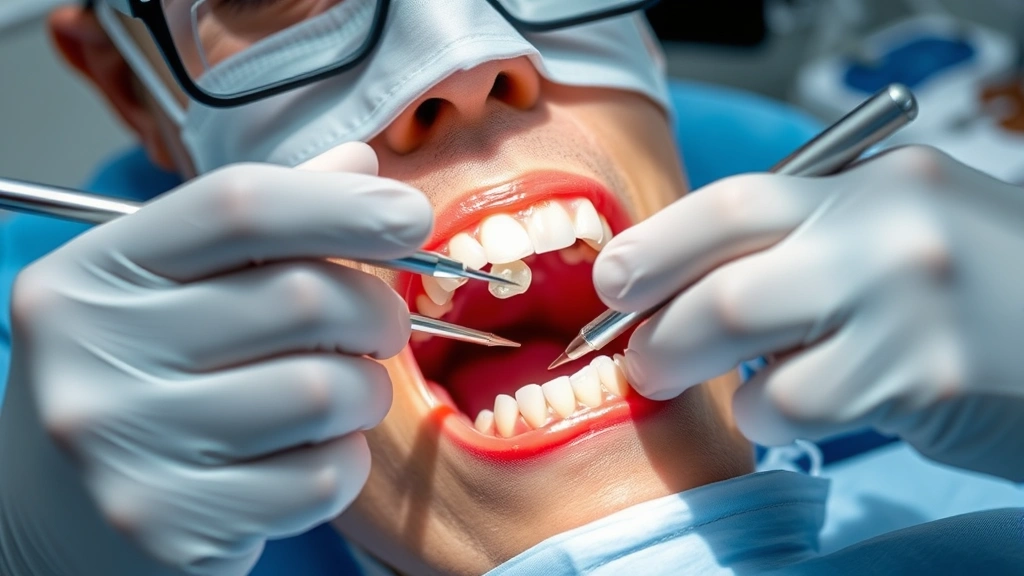 Dentist applying medicated dressing to extraction socket using specialized instruments, showing professional treatment technique for complications, sterile dental environment with proper lighting and magnification