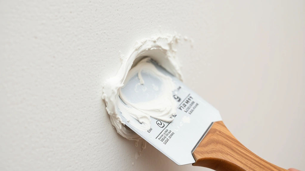 Close-up of drywall spackling compound being applied to small wall hole with putty knife, showing proper technique and consistency of joint compound material