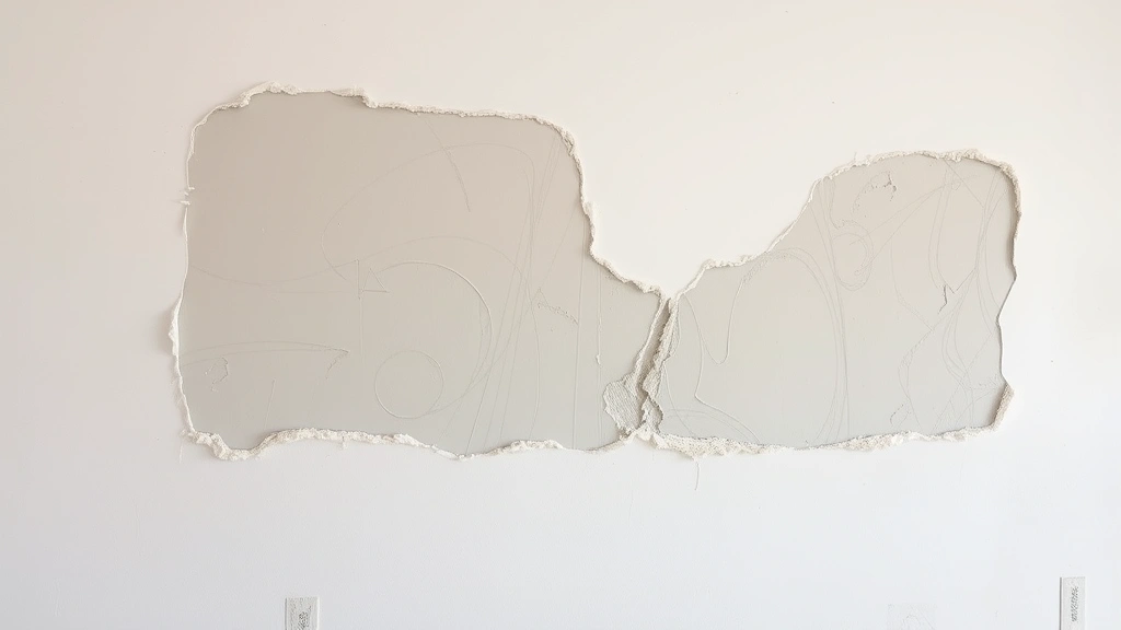 Wide shot of drywall patch repair in progress on residential wall, showing taped seams, mudded compound layers, and work-in-progress finishing stages