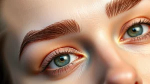 Close-up of healthy, naturally full eyebrows on a person's face, showing clear hair texture and natural arch, professional lighting, neutral expression, realistic skin tones