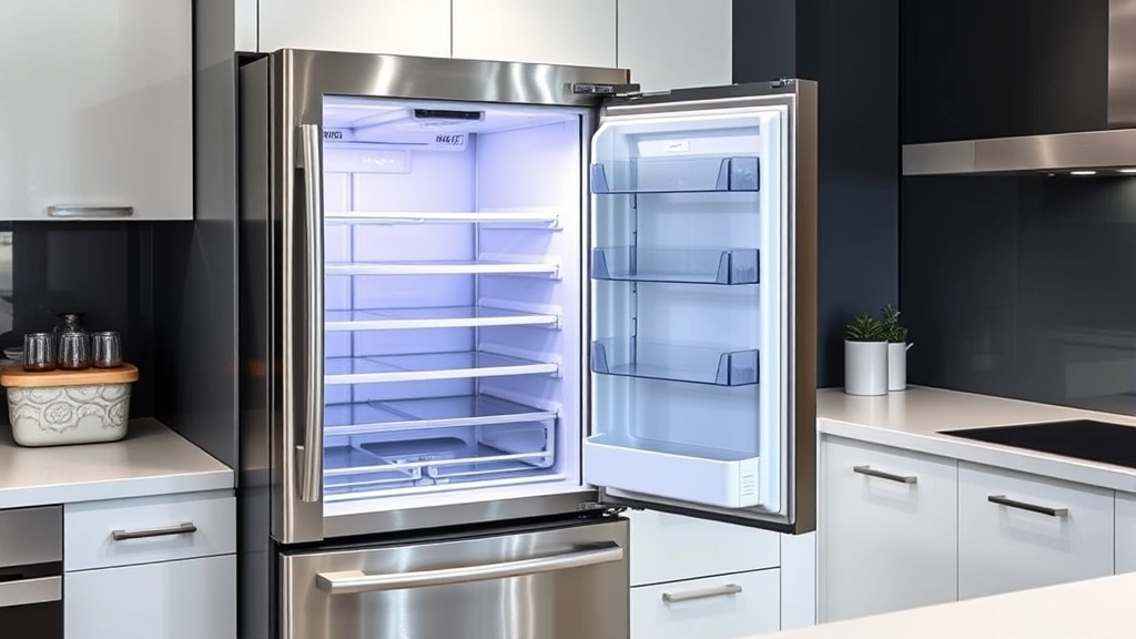 Modern stainless steel refrigerator with open door showing empty shelves and interior lighting, positioned in a contemporary kitchen with white cabinetry and countertops, demonstrating proper placement and ventilation clearance