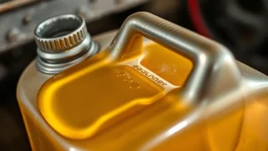 Close-up of clear gasoline in metal fuel can showing golden liquid color, proper storage container with tight seal cap, indoor basement storage setting with cool temperature