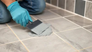 Professional tile installer applying gray grout to ceramic floor tiles with grout float at 45-degree angle, hands in work gloves, focused on filling joints completely