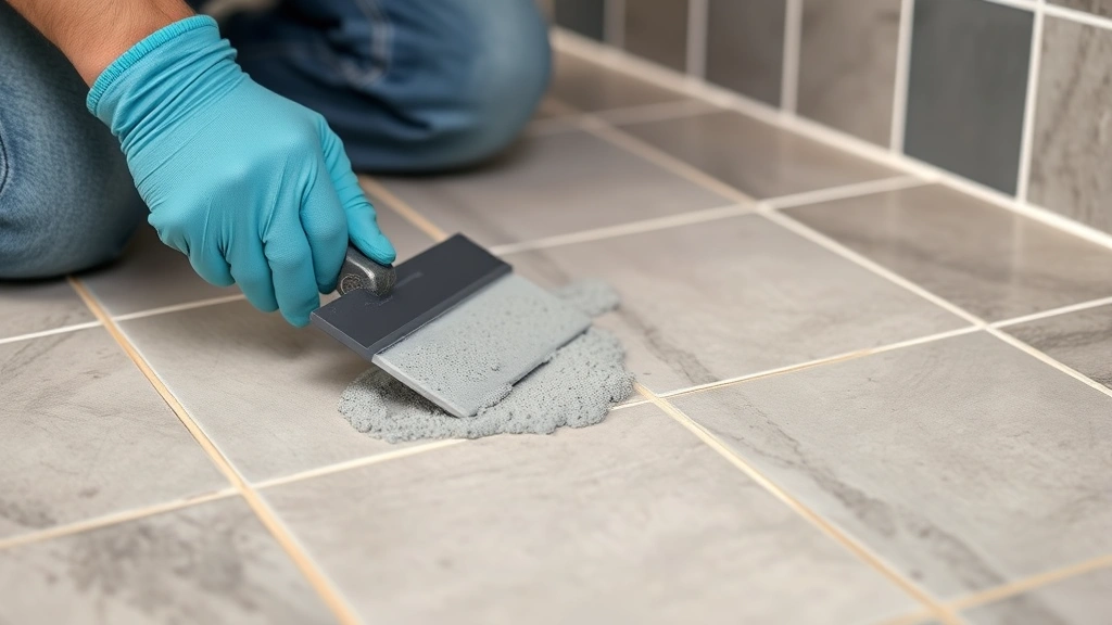 Professional tile installer applying gray grout to ceramic floor tiles with grout float at 45-degree angle, hands in work gloves, focused on filling joints completely