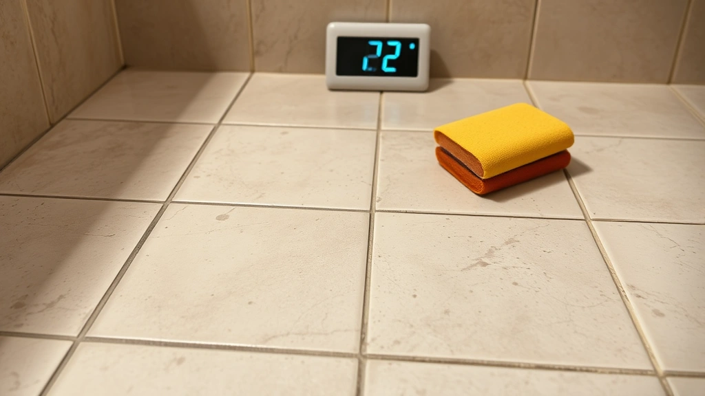 Bathroom floor with recently grouted ceramic tiles showing wet grout haze, damp sponge for cleaning, thermometer displaying 72 degrees Fahrenheit in background
