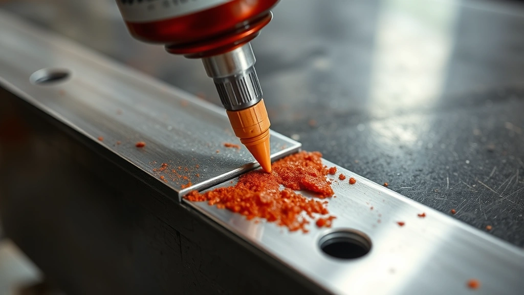 Close-up of two metal surfaces being precisely bonded with red-brown epoxy adhesive, showing proper contact and application technique in a well-lit workshop