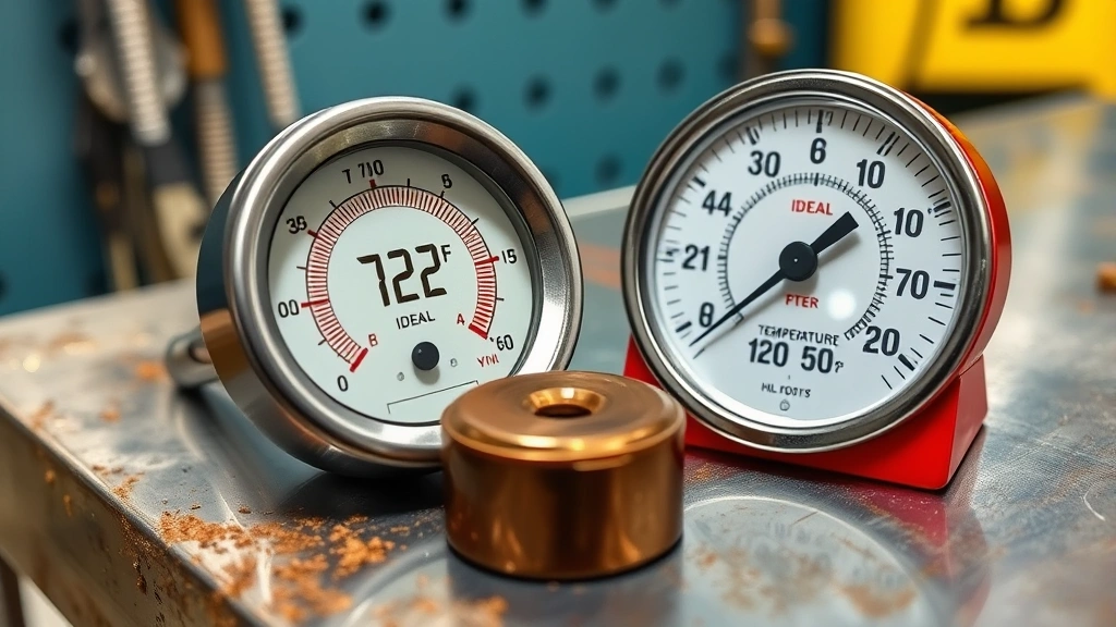 Thermometer and hygrometer displaying ideal temperature and humidity conditions (72°F and 50% humidity) next to a curing epoxy repair on a metal workbench