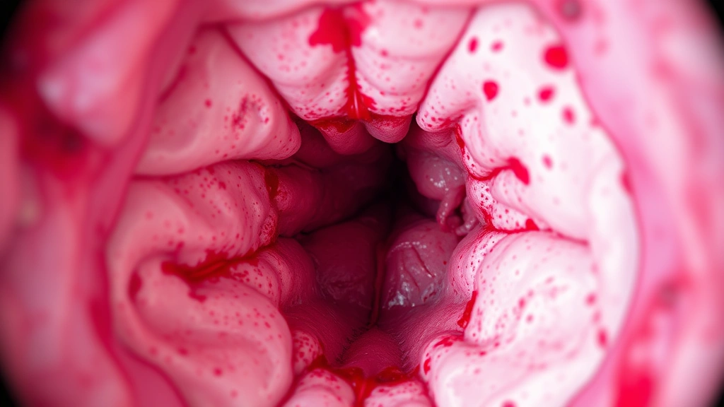 Endoscopic view of inflamed pharyngeal tissue with acid damage, reddened mucosa showing irritation patterns, medical examination perspective, photorealistic medical imaging style