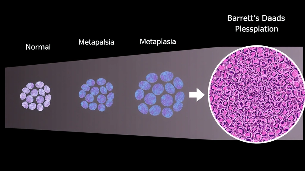 Cellular progression diagram visualization showing normal epithelial cells transforming through metaplasia to Barrett's esophagus tissue changes, microscopic detail of cellular structures, medical illustration of dysplasia development stages