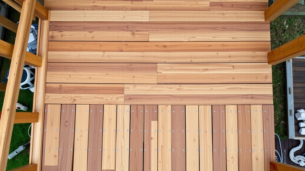 Overhead view of a residential deck under construction showing exposed joists, beams, and partially installed pressure-treated decking boards with visible fasteners and spacing between boards, demonstrating proper framing structure and board installation techniques