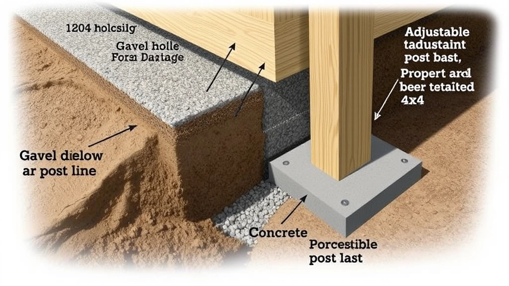 Close-up detail of a concrete deck footing and post base showing proper post-hole construction with gravel drainage, concrete foundation below frost line, adjustable post base, and properly installed 4x4 pressure-treated post with level alignment