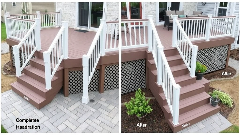 Finished composite deck with railings, stairs with handrails, and multiple levels showing completed deck installation with proper spacing, non-slip stair treads, code-compliant railings with balusters, and professional finishing with potted plants and outdoor furniture