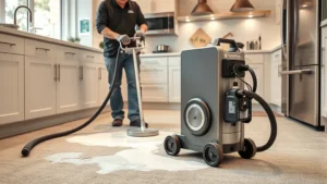 Professional technician using commercial carpet extraction equipment on milk-stained carpet in a modern kitchen, showing moisture removal process with specialized machinery