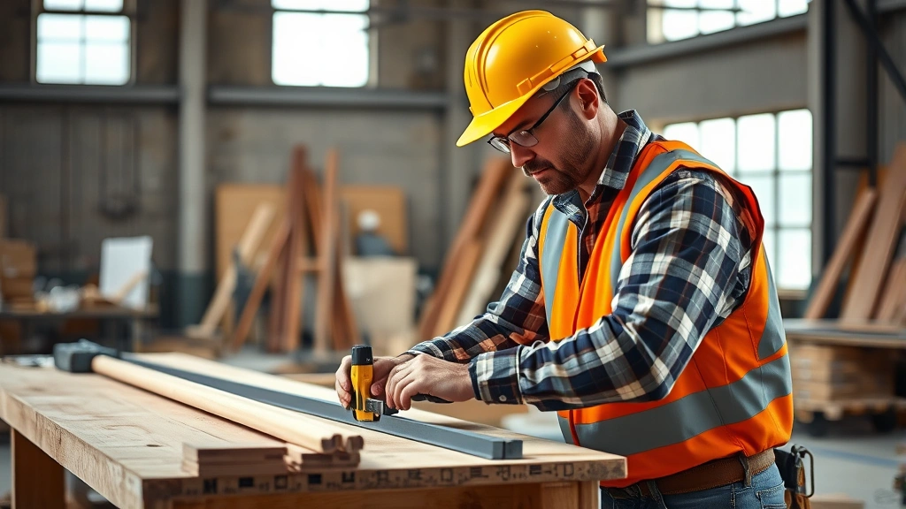 Professional construction worker in safety gear measuring materials on a job site workbench, focused and energized, natural lighting from workshop windows, realistic construction environment with tools and materials visible