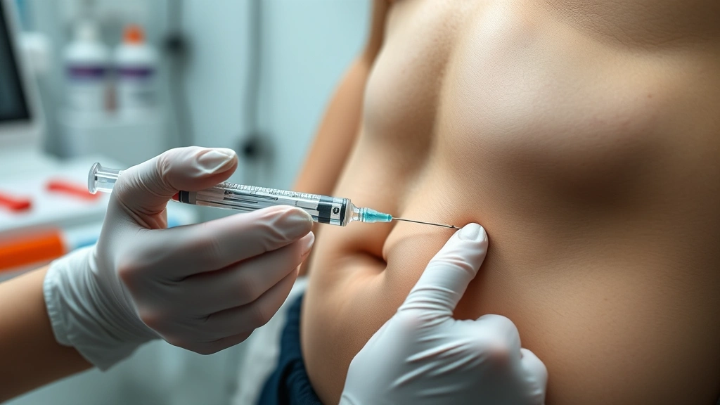 Close-up of hands properly holding and preparing a medical injection pen, showing correct injection technique into abdomen area, clinical but realistic setting with medical supplies nearby, educational demonstration style