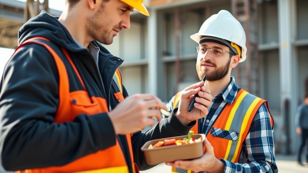 Fit construction professional taking a healthy meal break on a job site, eating balanced nutrition from a meal container, natural outdoor lighting, showing sustained energy and wellness in work environment