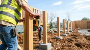 Professional contractor installing pressure-treated deck posts into concrete footings using post level and measuring tape, construction site with multiple holes dug for footings