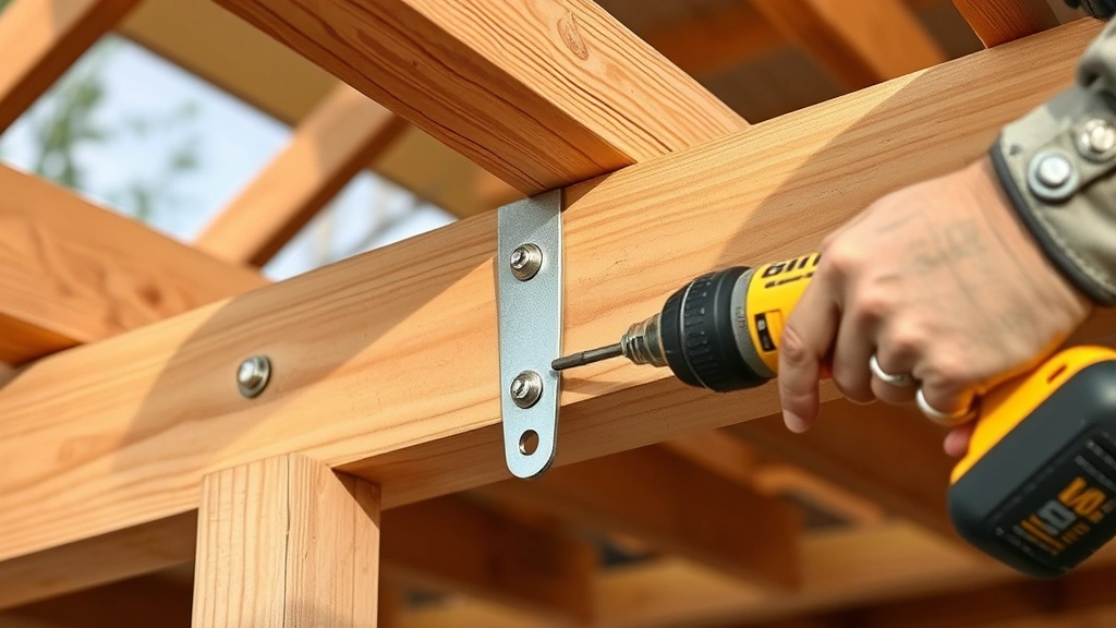 Worker installing galvanized joist hangers onto wooden beams with power drill, close-up of proper hardware connection on deck frame structure
