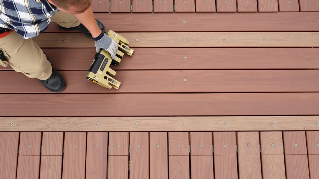 Contractor installing composite decking boards with consistent spacing using spacers, overhead view showing parallel board layout perpendicular to joists