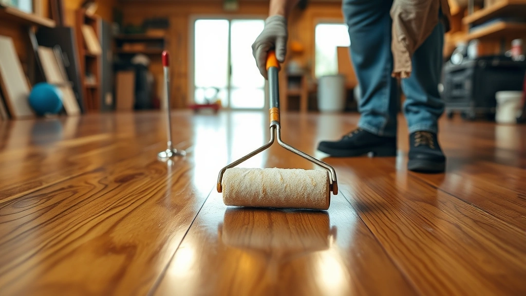 Professional applying clear polyurethane coating to wooden floor with roller brush, well-lit workshop, warm tones, close-up of wet finish