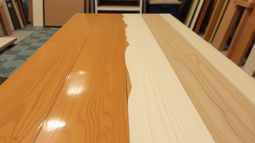 Multiple coats of polyurethane on wood surface showing progression from wet to semi-cured, indoor work environment with proper ventilation