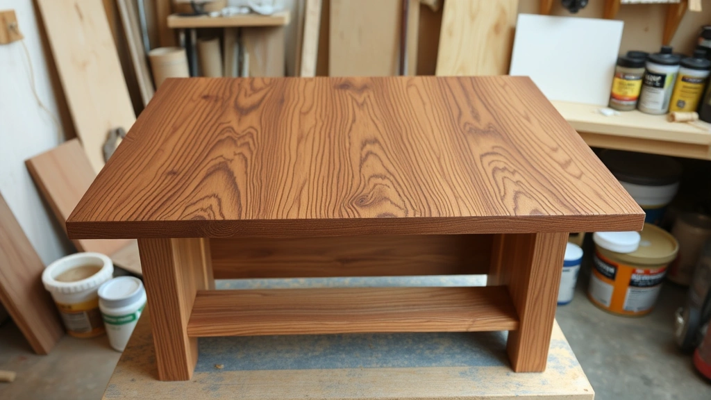 Wooden furniture piece with completed polyurethane finish showing depth and clarity, workshop setting with finishing supplies nearby