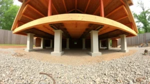 Wide-angle photograph of a wooden shed foundation with concrete piers set in gravel base, showing proper spacing and levelness, taken from ground level perspective during daytime