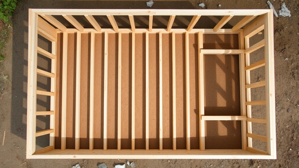 Detailed overhead view of framed shed walls laid flat on ground before raising, showing proper stud placement, corner bracing, and window opening frames with clear lumber organization