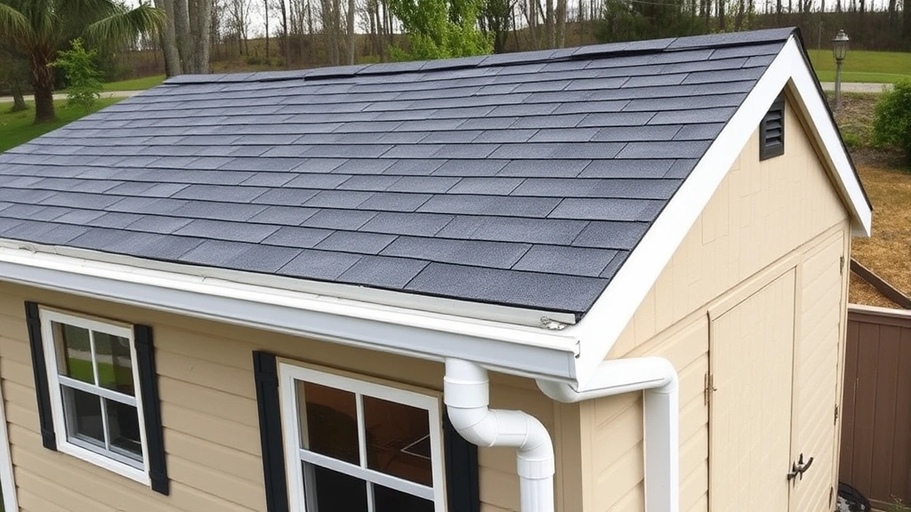Professional photograph of completed shed exterior showing asphalt shingle roofing, vinyl siding installation, installed gutters, and finished trim work with landscape background