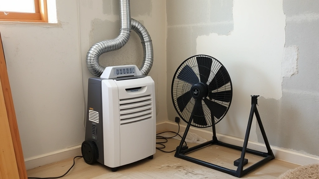 Construction workspace showing dehumidifier and fan positioned near spackled wall repairs, demonstrating environmental control setup for optimal drying conditions