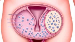 Cross-section diagram illustration of male reproductive system showing testes, seminiferous tubules, and epididymis with healthy sperm cells in various developmental stages under microscopic view, clinical educational style