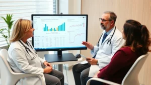 Professional medical consultation scene with doctor discussing weight management treatment with patient in modern clinic setting, showing charts and health data on computer screen