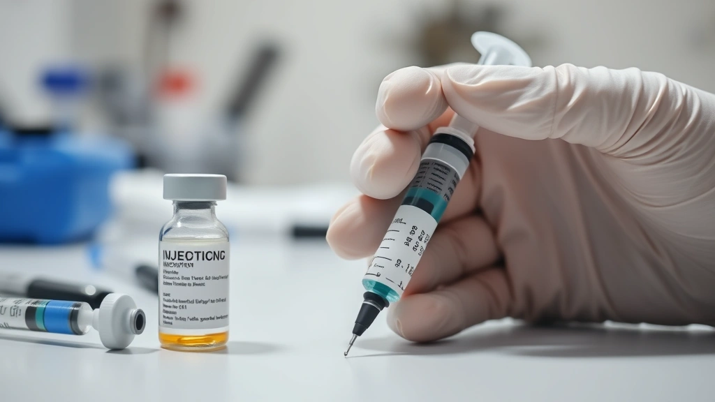 Close-up of medication injection preparation with sterile syringe and vial on clinical workspace, hands in medical gloves demonstrating proper injection technique