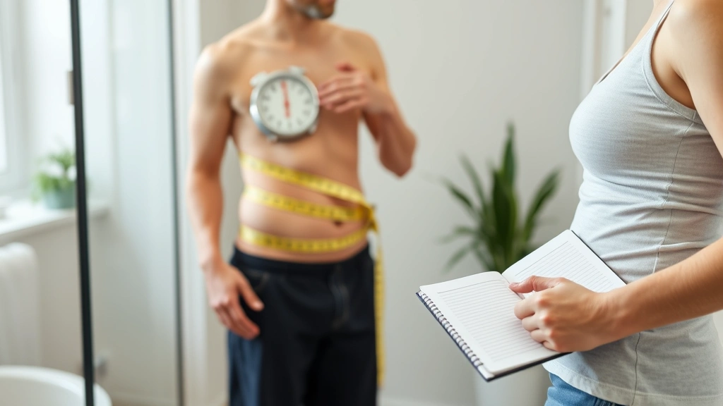 Patient measuring progress with scale and tape measure in home bathroom setting, showing health tracking and wellness journey documentation with notebook