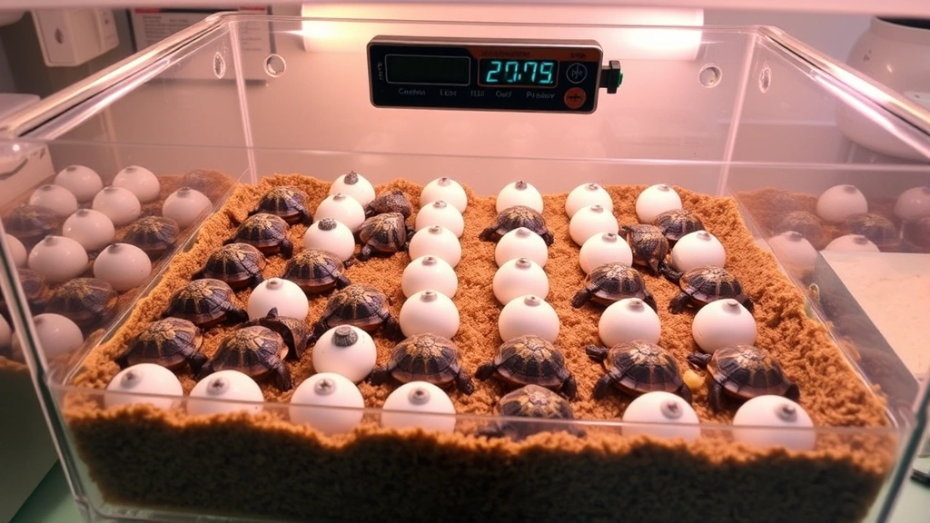 Transparent incubation container with substrate medium holding multiple turtle eggs arranged in rows, with digital thermometer and hygrometer visible, professional laboratory setting, warm lighting