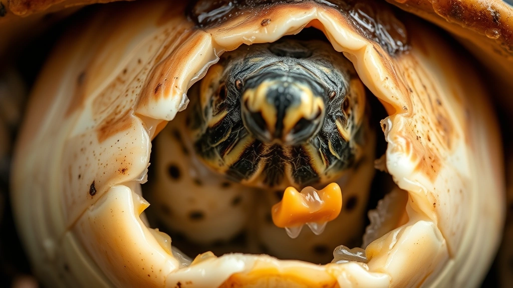Close-up of turtle eggshell showing pipping hole with hatchling snout emerging, surrounding shell intact, humid incubation environment visible, natural daylight photography