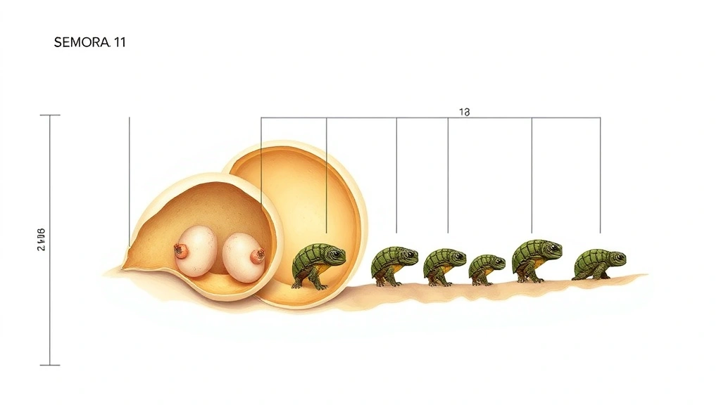 Cross-section diagram visualization showing turtle embryo development stages inside egg over time, from early cell division through fully formed hatchling, scientific accuracy, educational illustration style