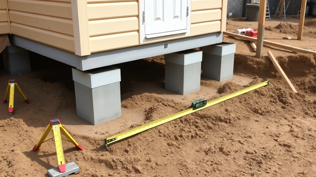 Concrete foundation piers and footings for shed construction with measurement tools and level on dirt site