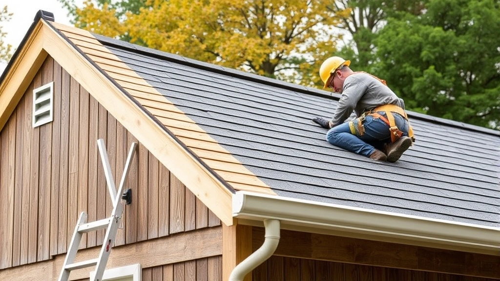 Worker installing asphalt shingles on completed shed roof with proper safety equipment and finished fascia trim