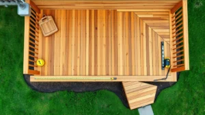 Photorealistic overhead view of completed wooden deck with pressure-treated lumber framing, concrete footings visible, measuring tape and level tools, residential backyard setting with grass around perimeter