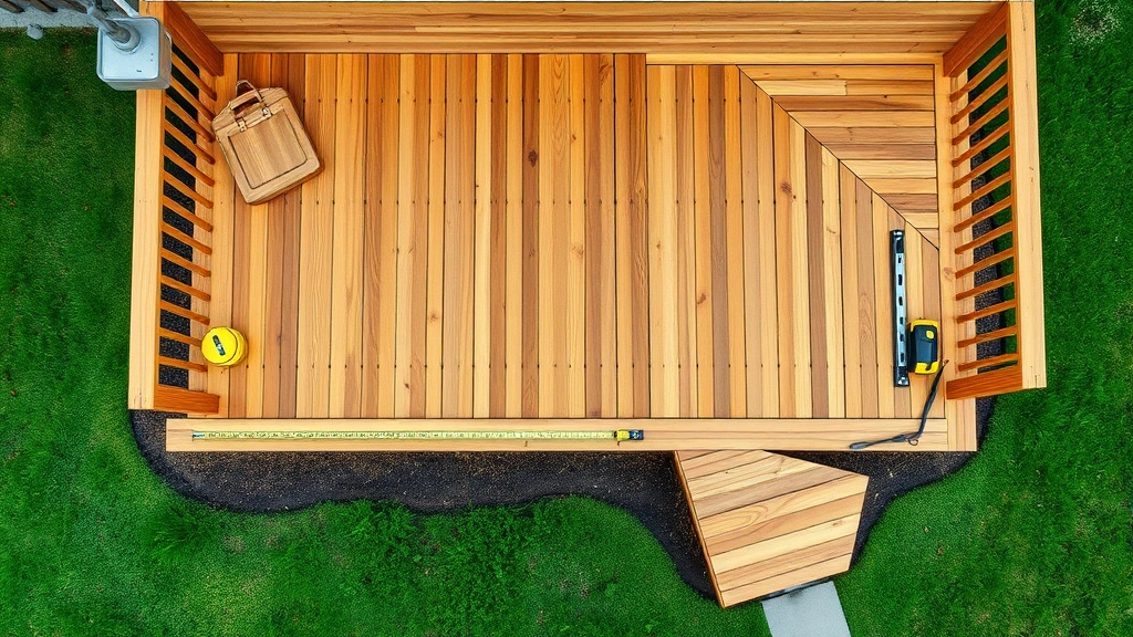 Photorealistic overhead view of completed wooden deck with pressure-treated lumber framing, concrete footings visible, measuring tape and level tools, residential backyard setting with grass around perimeter