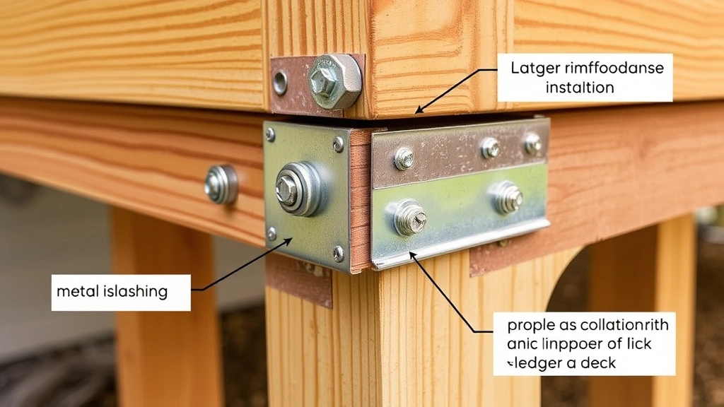 Close-up of deck ledger board installation against house rim joist, showing galvanized bolts, metal flashing, and proper sealing with caulk, demonstrating critical connection point