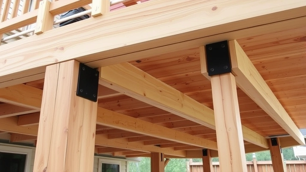 Wide angle of deck post and beam assembly with doubled joists, joist hangers securing connections, level checking in progress, pressure-treated lumber construction details
