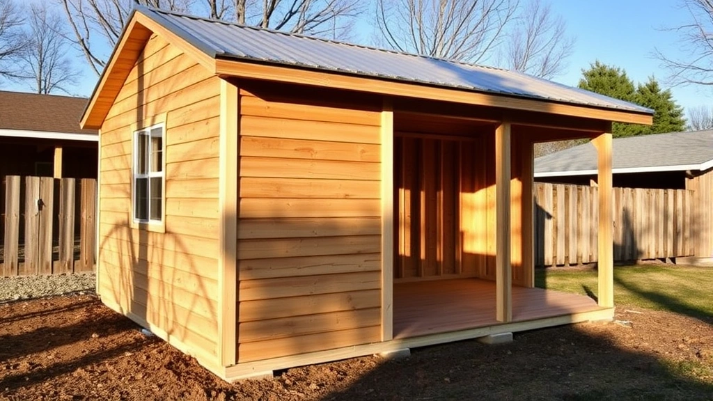 Wide-angle shot of completed modern wooden shed with metal roof, proper foundation visible, landscaping around base, afternoon sunlight casting shadows on siding