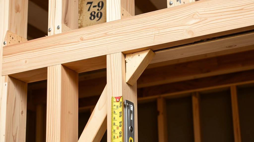 Close-up detail of wall framing showing studs, top plate, and temporary diagonal bracing during construction phase, level and measuring tape visible