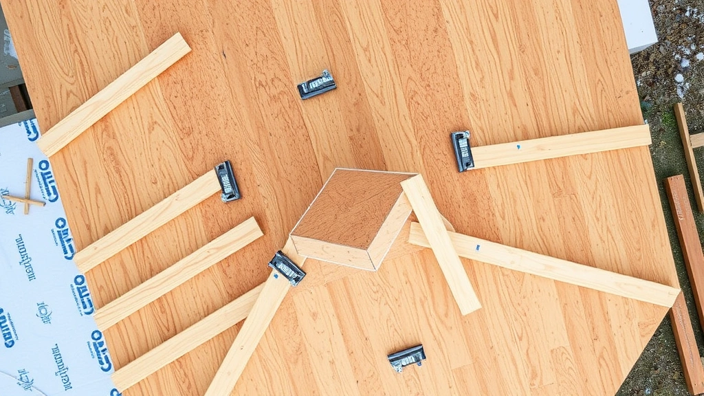 Overhead angle of rafter installation in progress showing multiple rafters meeting at ridge, collar ties visible, underlayment partially installed on plywood sheathing